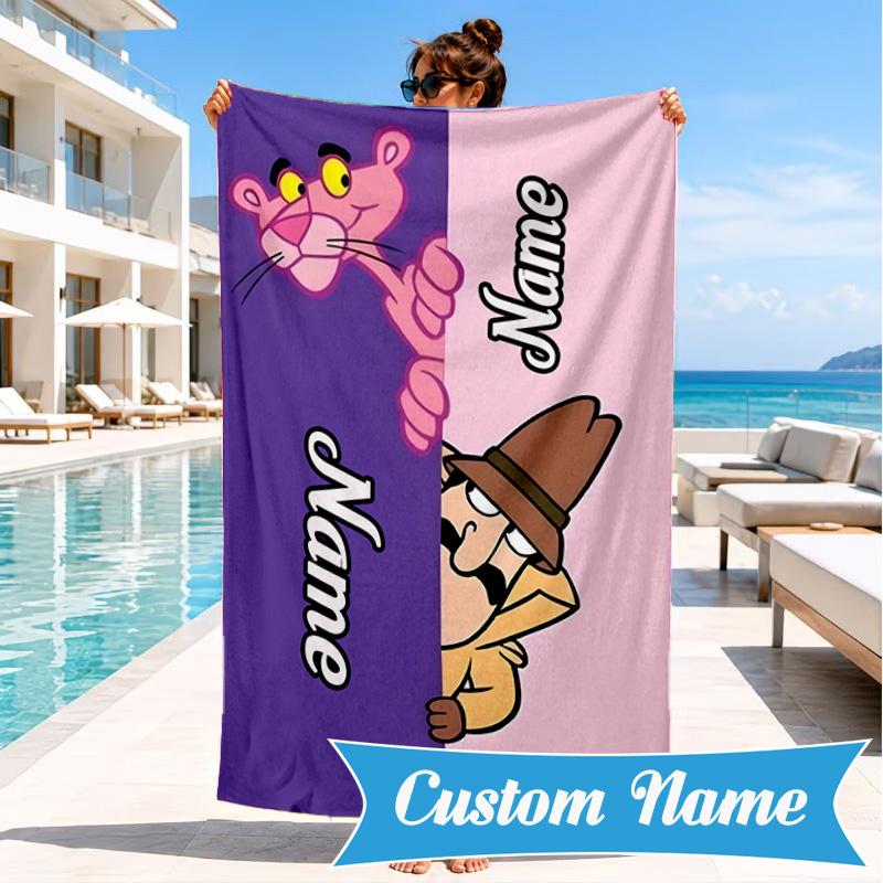 Custom Name Pink-Panther Heart In Space Adventure Microfiber Beach Towel, Lightweight for Summer Travel, Swimming Pool Fan Gift