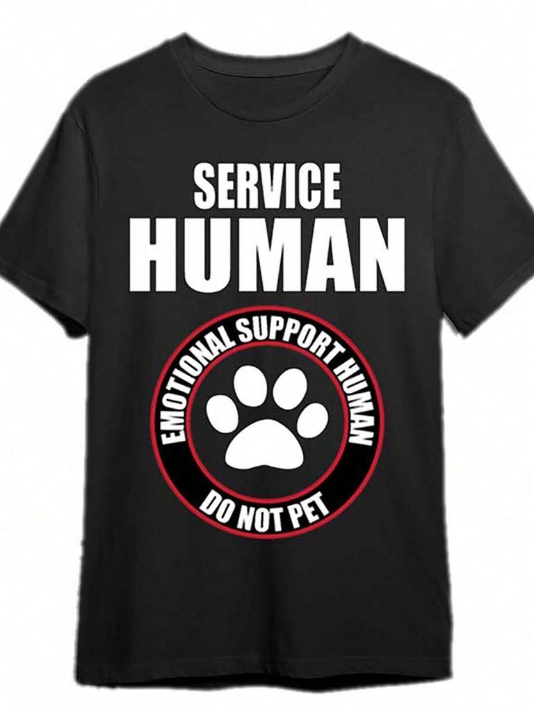 Funny Service Human Emotional Support Humor TShirt for Men Casual Short Sleeve Graphic Tee with Paw Print Design