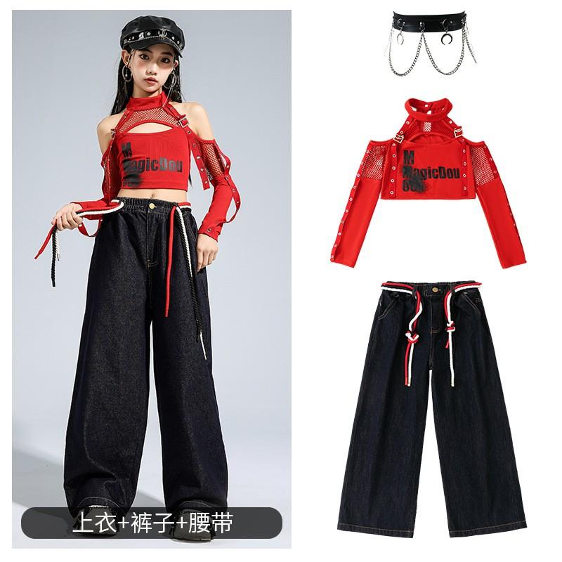 Girls Jazz Dance Outfit Set Hip Hop Streetwear Crop Top Denim Pants Performance Costume Teen Dancers