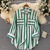 Women's Spring Fall Plus Size Blouse Casual Striped Tops Lady Button Up Lapel Long Sleeve Pocket Loose Shirt