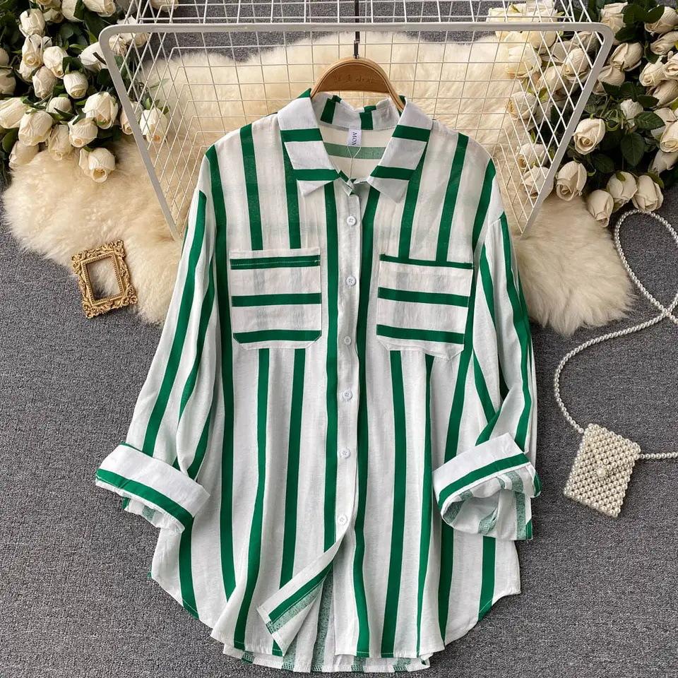 Women's Spring Fall Plus Size Blouse Casual Striped Tops Lady Button Up Lapel Long Sleeve Pocket Loose Shirt