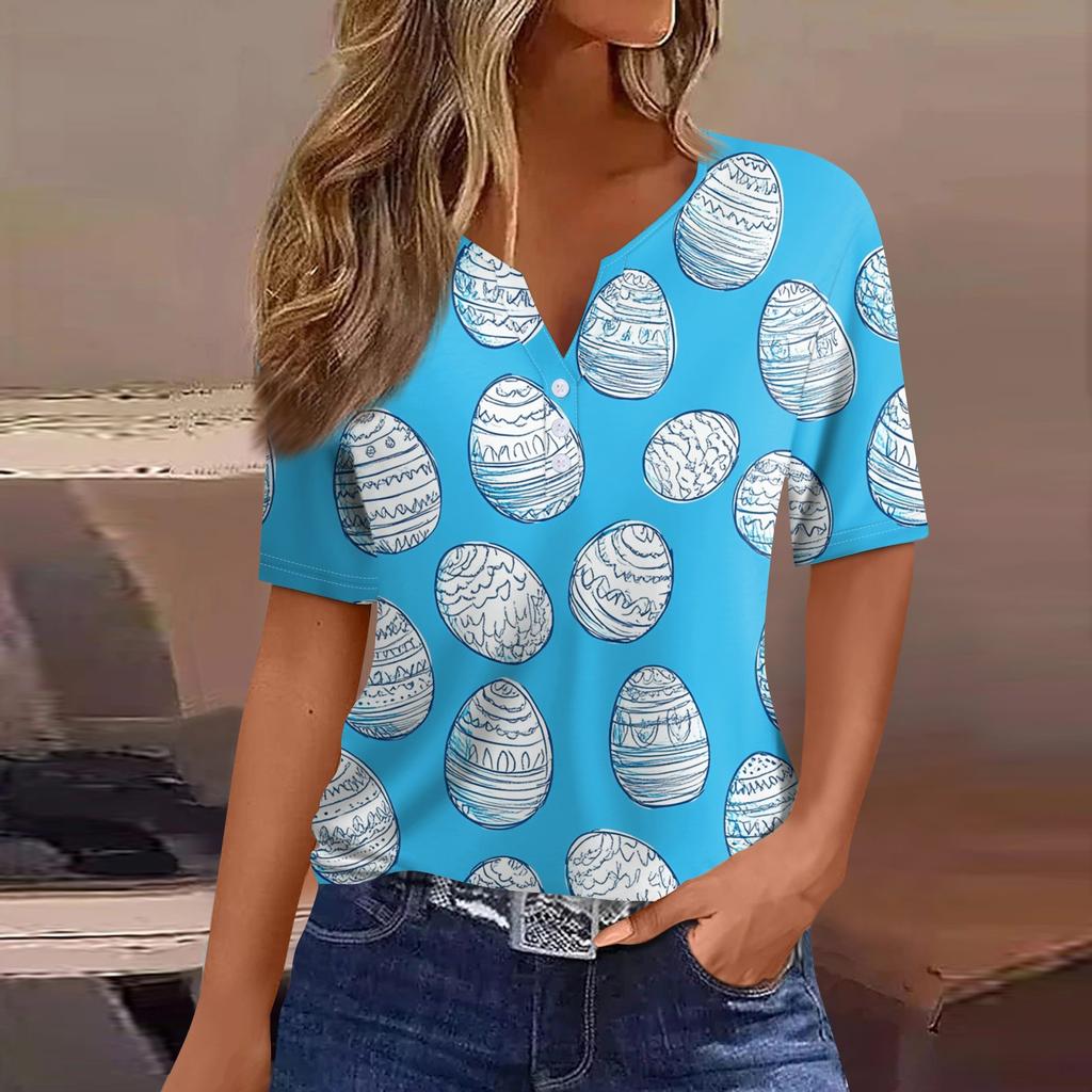 Women's T Shirt Print Button Short Sleeve Daily Weekend Fashion Basic V- Neck Regular Top