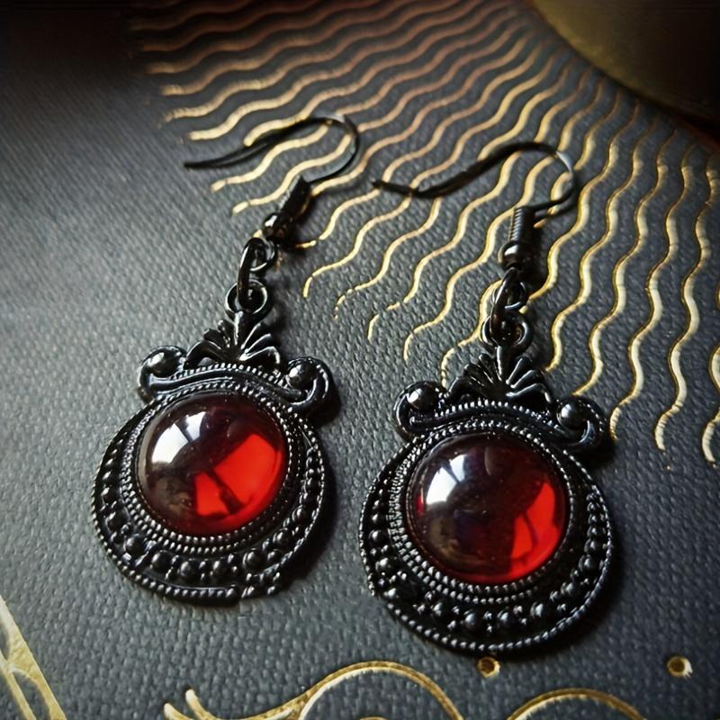 Round Ruby Decor Black Dangle Earrings Retro Goth Style Alloy Jewelry Creative Female Gift Daily Casual