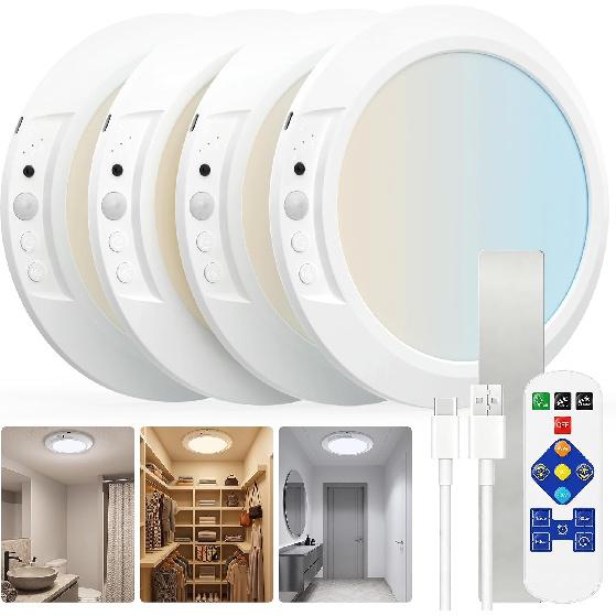 Rechargeable Motion Sensor Ceiling Light, Wireless LED Battery Operated Ceiling Lamp with Remote, 3CCT Color Changing Dimmable Flush Mount Light for