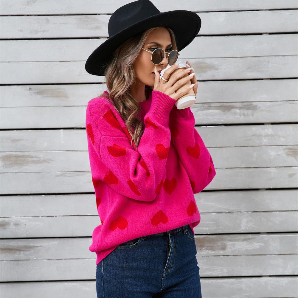 2025 Осень и Зима Любовный Свитер Милый Пуловер с Круглым Вырезом Большого Размера Свитер с Персиковым Сердцем