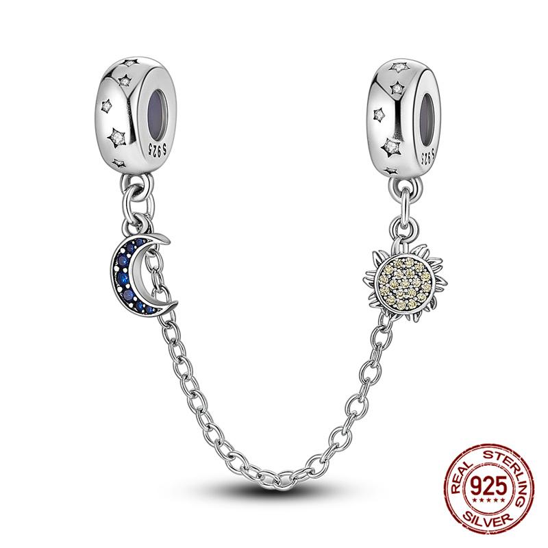 Original 100% 925 Silver Star Moon Safety Chain Fit 925 Original Bracelet & 3mm Bracelet DIY Jewelry Making Women Gift