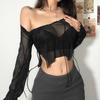 Sexy Lace Up V Neck Long Sleeve Black T Shirts for Women Female Club Wear Mesh Blouses See Through Crop Tops