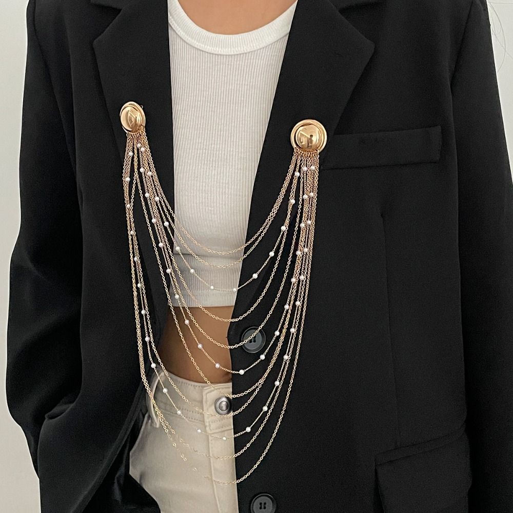 Geometric Multi Layer Metal Tassel Brooch Pearl Pins Clip Exaggerated Multi-layer Chains Pin Men