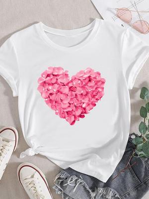 Love Heart Cartoon Trend Одежда с коротким рукавом Модная футболка с круглым вырезом Графические футболки для женщин 3D-принт Футболка Топ Женская одежда