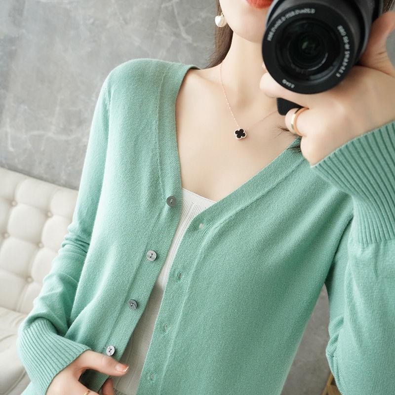 Женский вязаный кардиган с v-образным вырезом, свободный тонкий свитер больших размеров, универсальная куртка, однотонные базовые маленькие кардиганы на весну и осень