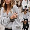 Women V Neck Button Down Long Sleeve Cable Knit Cardigan Sweaters Outerwear Tops