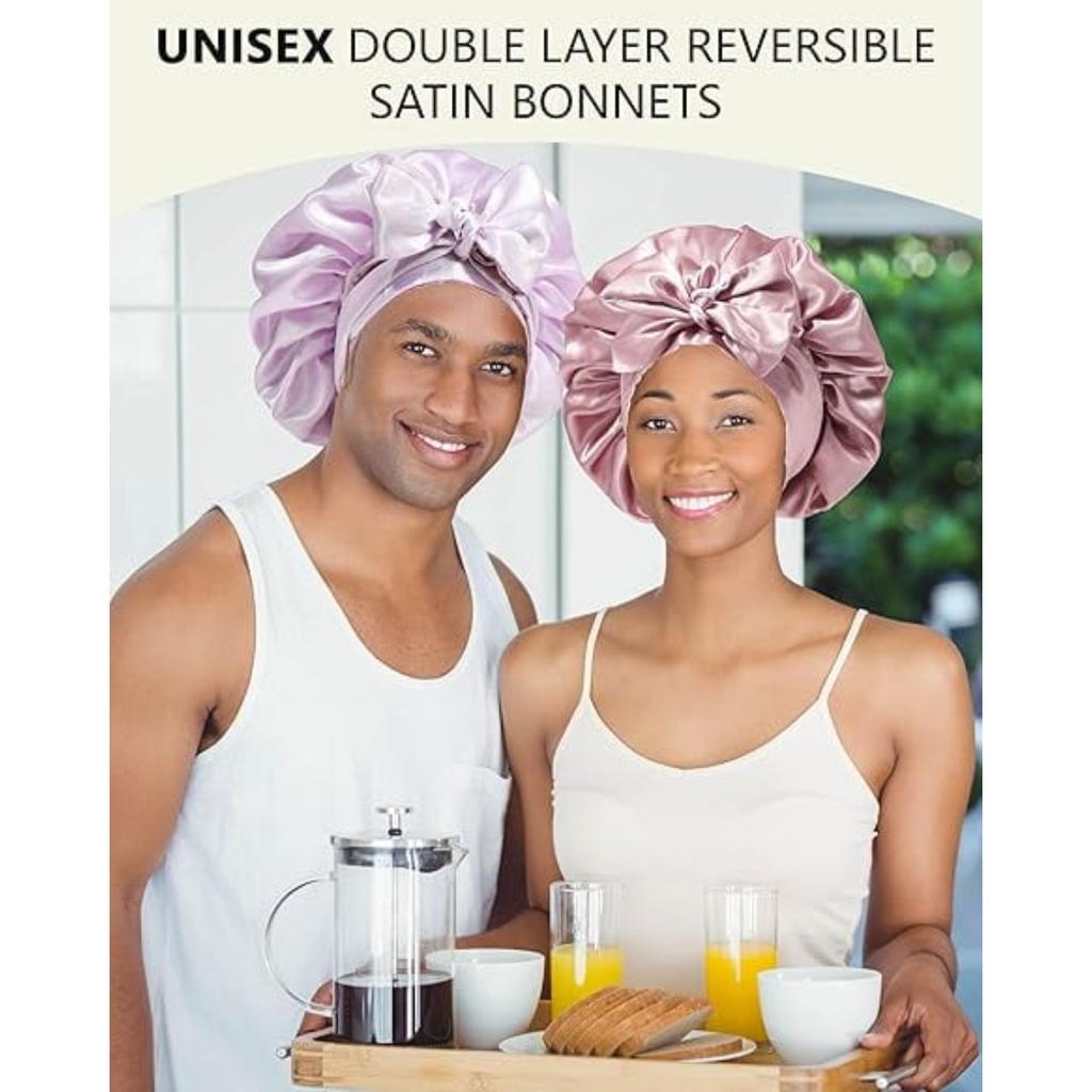 2Pack Women Satin Bonnet Silk Hair Reversible Bonnets Hair Wrap for Sleeping Cap with Tie Band
