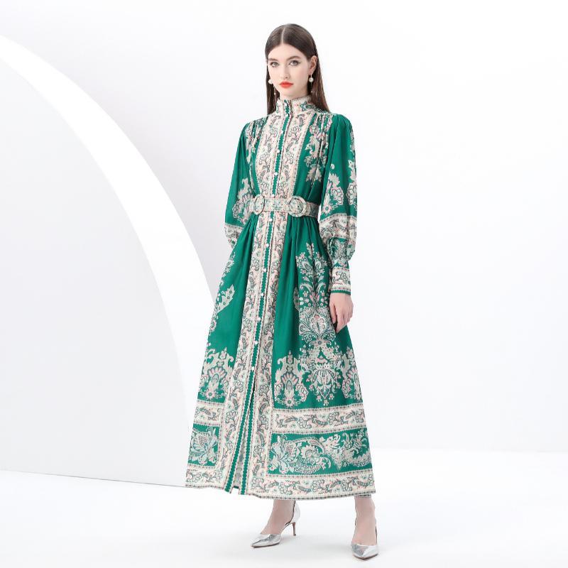 Весна-лето Женские платья больших размеров с винтажным дворцовым принтом, однобортные, длинные, макси, свободные, для праздников, с поясом