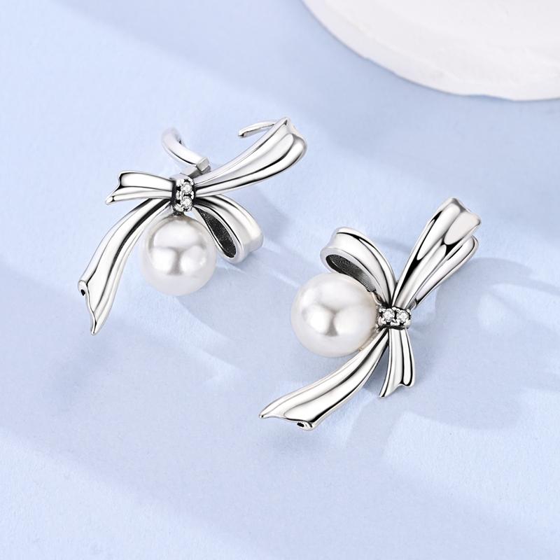 Elegant Original 925 Sterling Silver Pearl Bowknot Hoop Earrings For Women Engagement Wedding Jewelry Gift