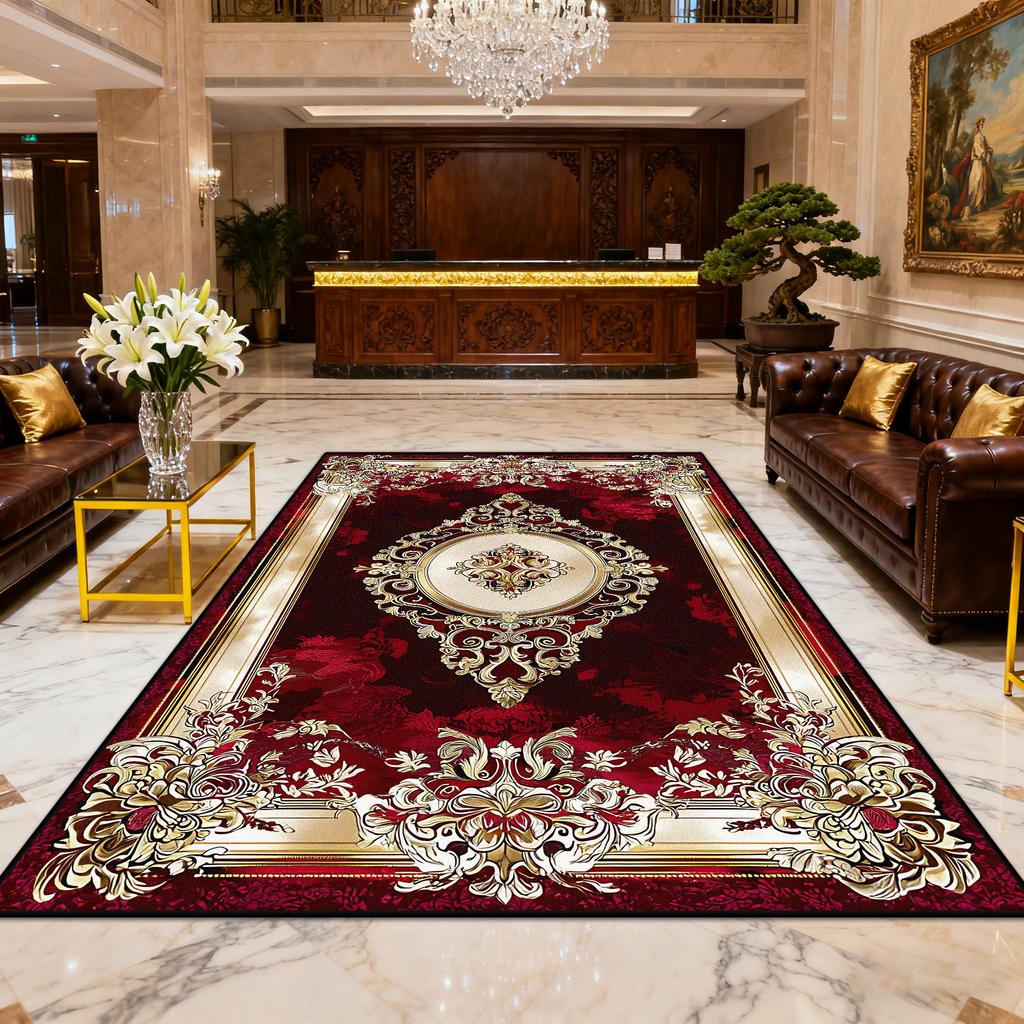 European Luxury Red Gold Easy Clean Carpet for Living Room Decoration Bedroom Bedside Fluffy Rug Large Area Non-slip Floor Mats