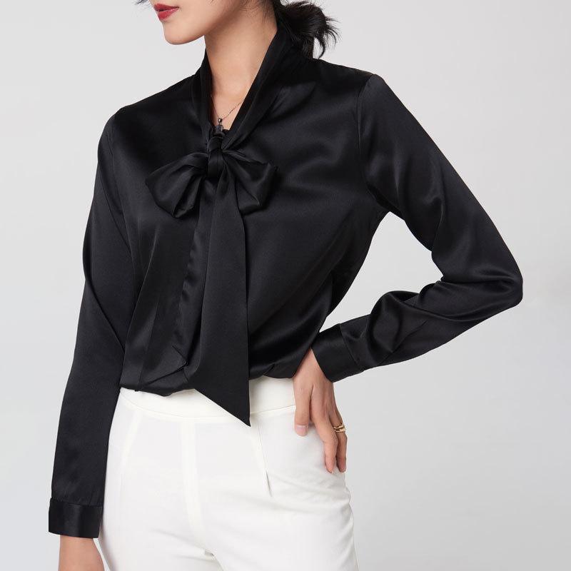 Women's Early Spring Mulberry Silk Satin Blouse with Bow - Long Sleeve