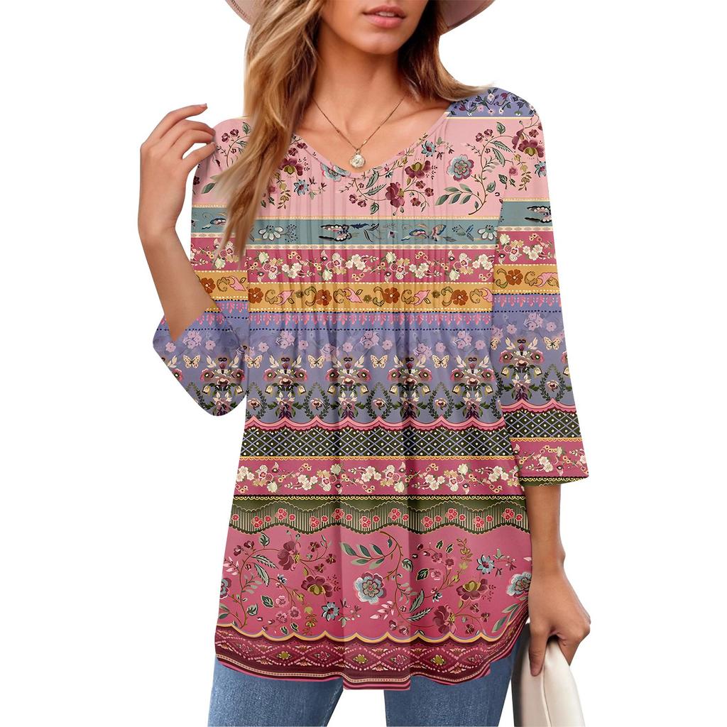 Женские топы с V-образным вырезом и рукавом три четверти в полоску, плиссированные, повседневные, летние, модные, рубашки