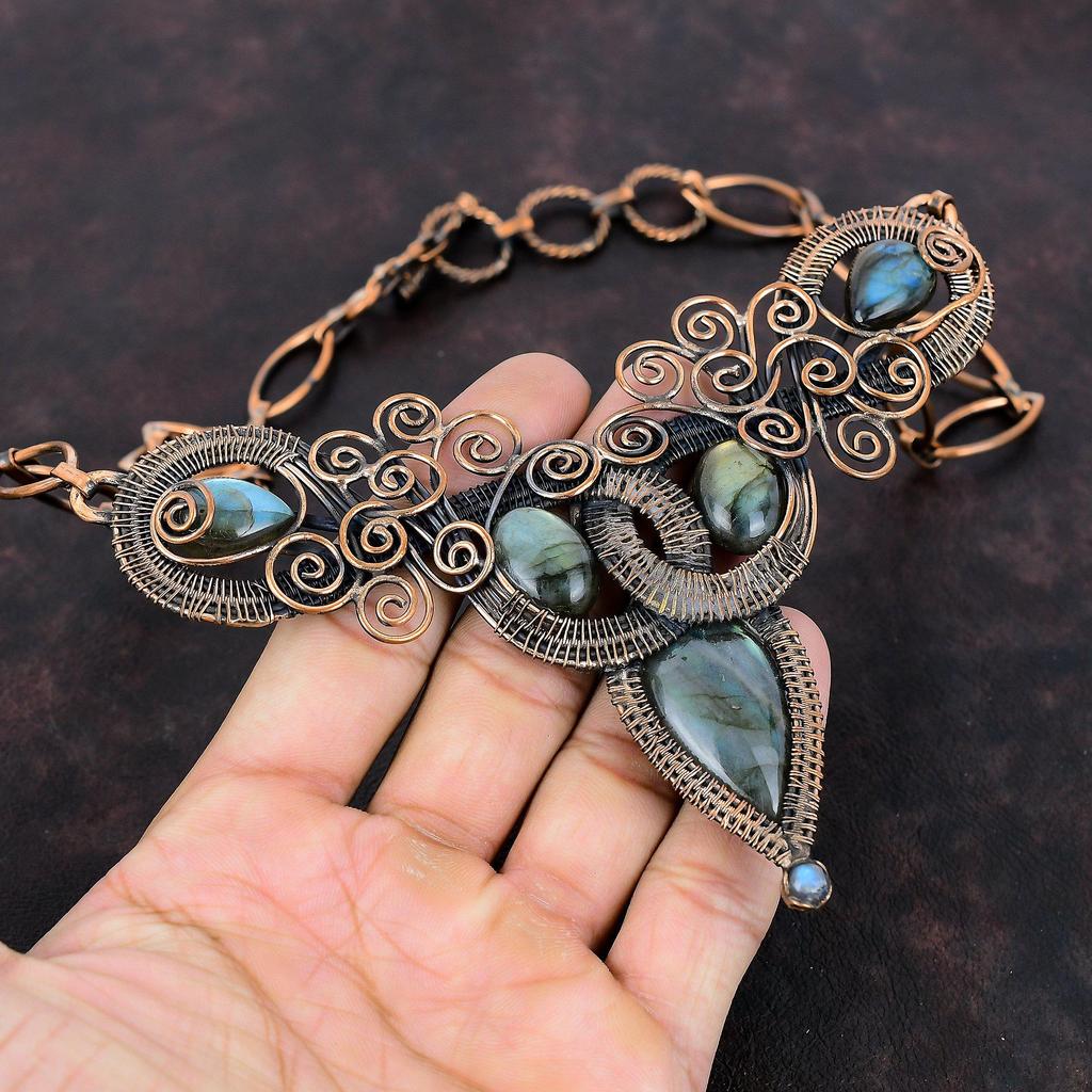 Ожерелье из драгоценного камня лабрадорита, ожерелье из медной проволоки, регулируемое ожерелье из цепочки, ожерелье ручной работы, красивые медные украшения, подарок для нее
