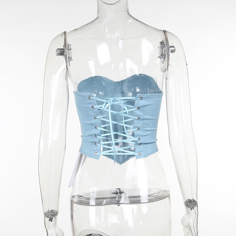 Женский модный топ с чашками из искусственного денима, топ Spice Girl с поясом на талии, топ с бюстом