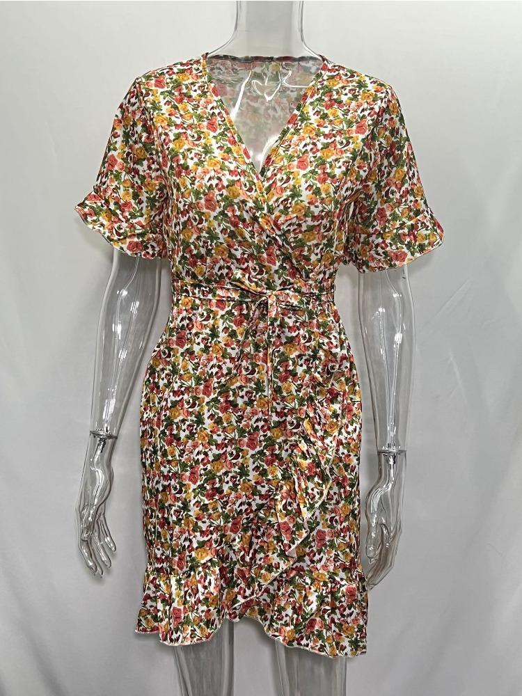 Женское платье с оборками в стиле бохо, летнее сексуальное шифоновое мини-платье с v-образным вырезом и коротким рукавом, сарафан для пляжного отдыха