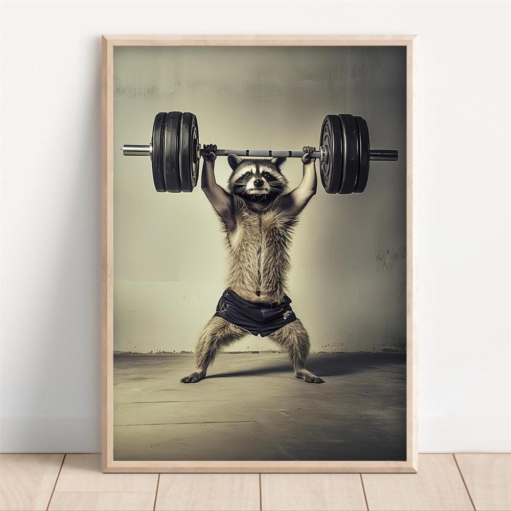Bodybuilding Raccoon Print Poster Funny Gym Wall Art Canvas Painting Animal Workout Art Canvas Painting Poster Gym Decor