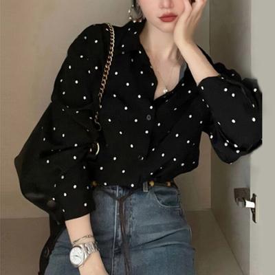 Корейская мода женская рубашка в горошек с принтом, новая повседневная простая рубашка с длинным рукавом, весна-осень, лацканы, свободные офисные женские элегантные топы, одежда 2954