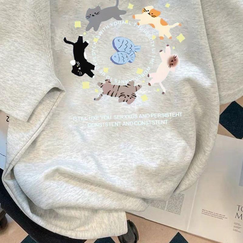 Женский летний новый свободный повседневный топ с короткими рукавами и принтом котят