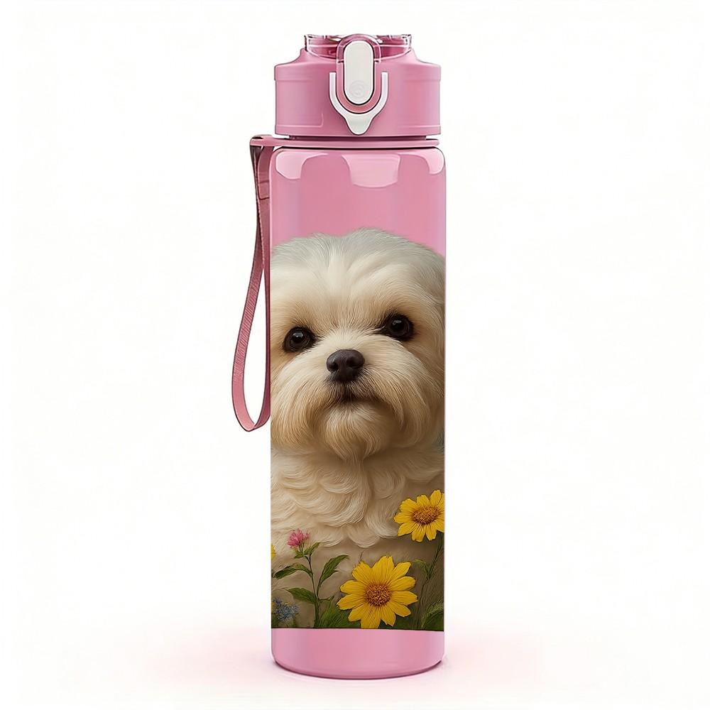 1PC White Puppy Daisy Floral Print 750ml Color Plastic Sports Water Bottle Leakproof Flip Straw Lid Suitable for Sports Office Home Use
