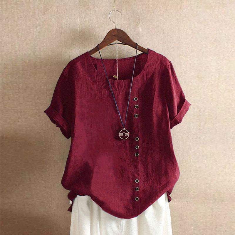 Women Loose Casual Tops Button Linen Daily Boho Tunic T-shirt Short Sleeve Blouse