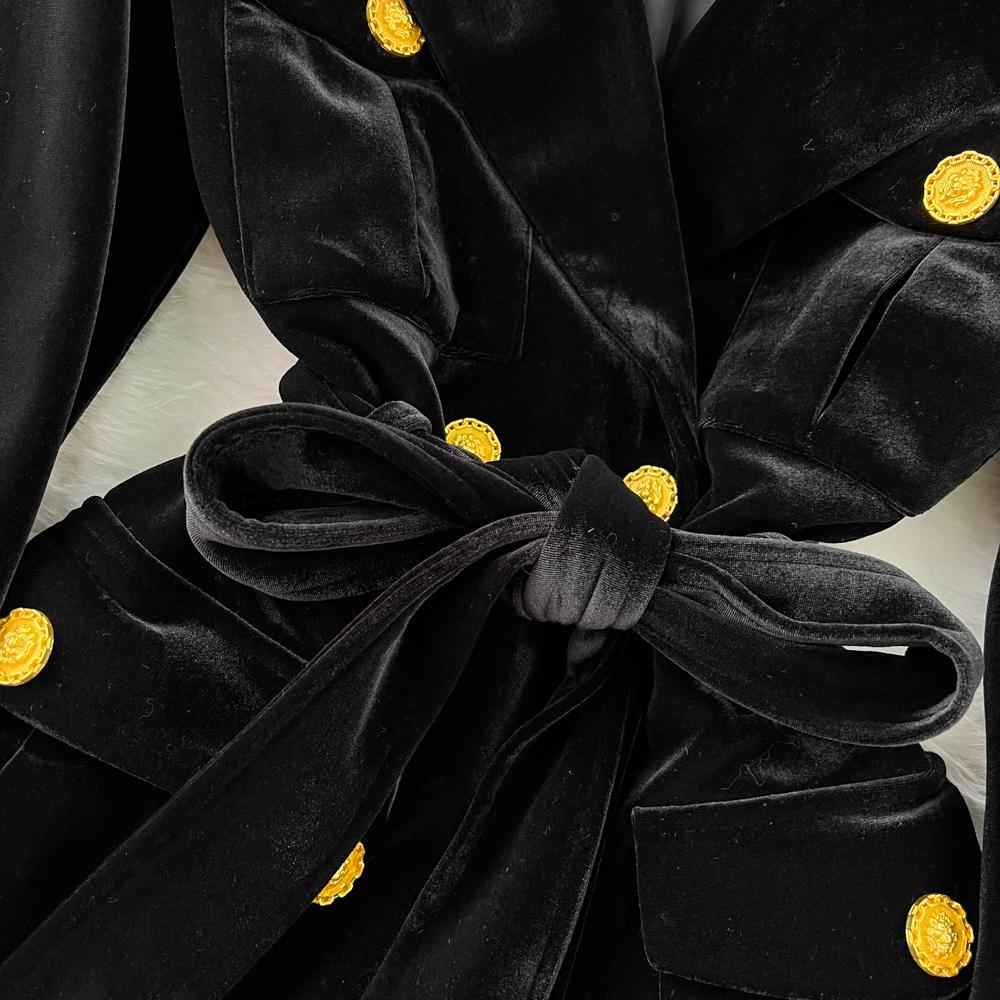 Осенне-зимний черный бархатный пиджак в стиле Хепберн, женский двубортный пиджак с надрезом, верхняя одежда