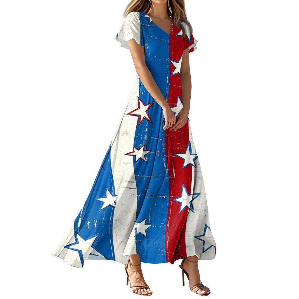 Женское повседневное платье с принтом флага Дня независимости, V-образным вырезом, короткими рукавами и высокой талией