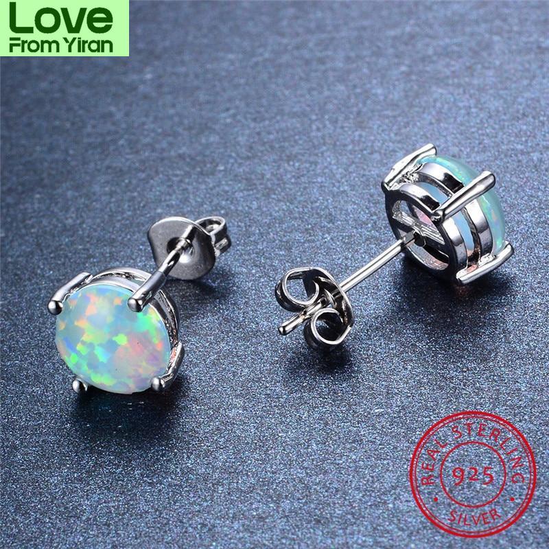 Blaike 100 %925 Sterling Silver White Fire Opal Stud Earrings For Women Fine Jewelry 8mm Round Stone Studs Birthstone Earrings