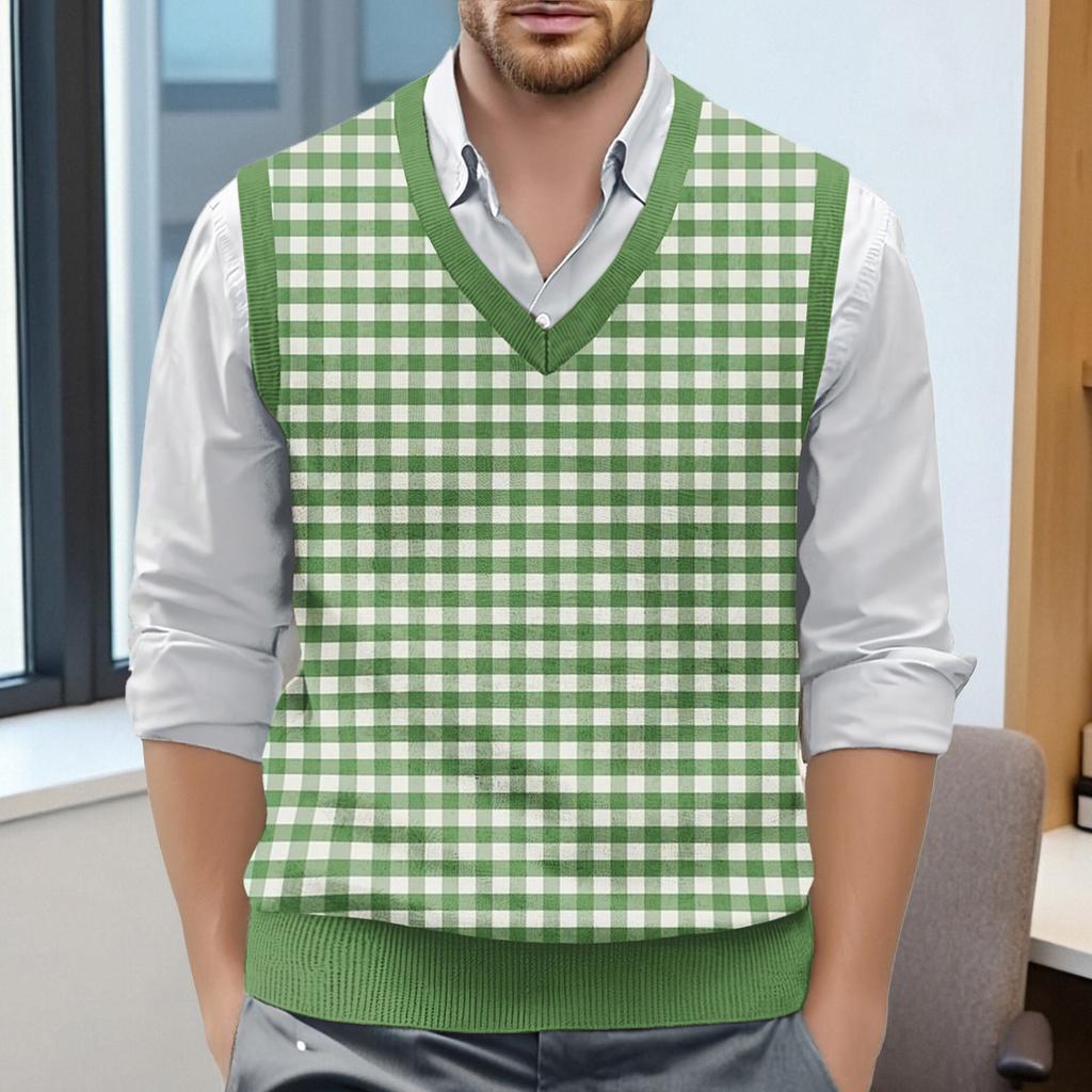 Мужской жилет без рукавов с клетчатым принтом и V-образным вырезом, вязаный джемпер
