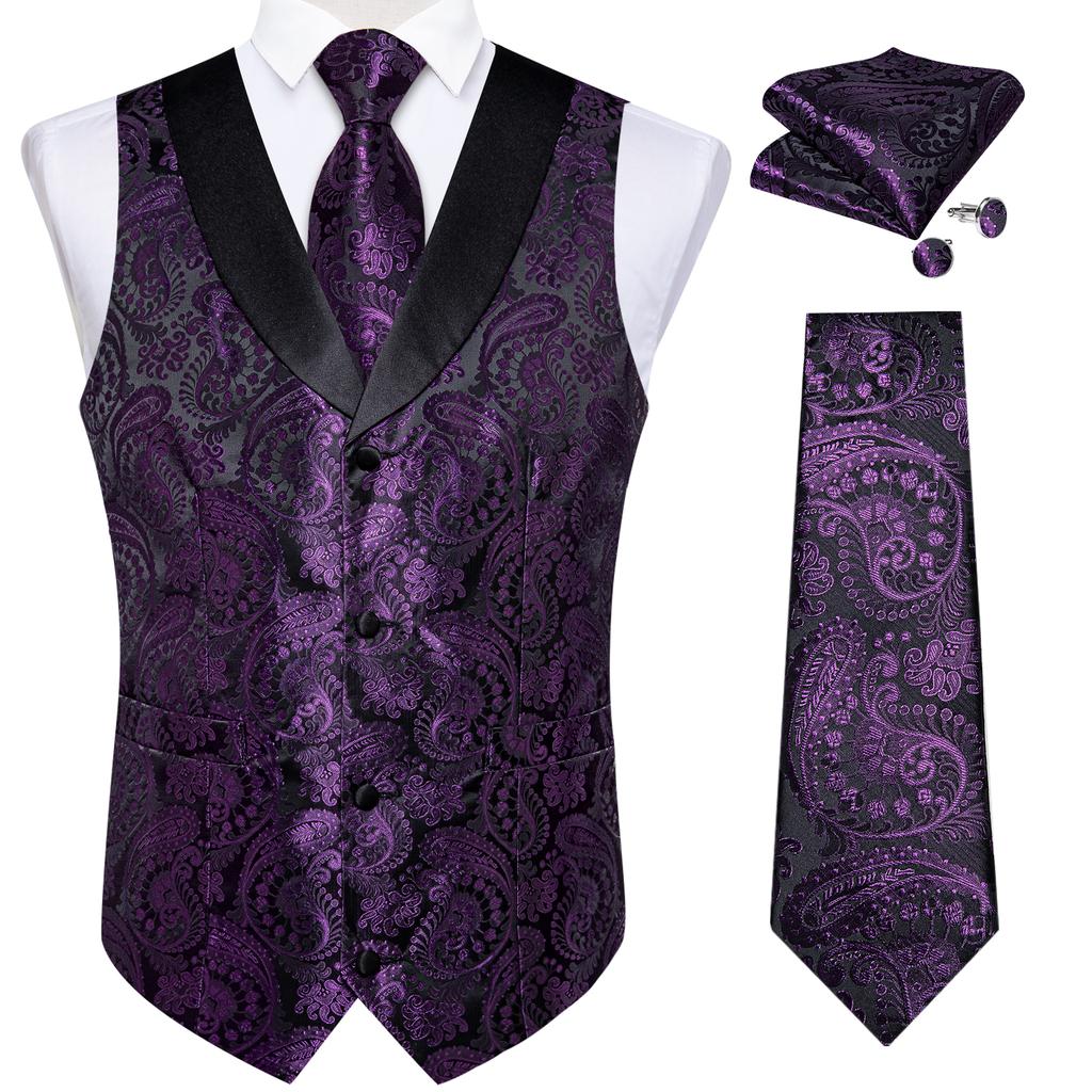 Mens Silk Slim Waistcoat Dark Purple Paisley Wedding Suit Vest Tie Cufflinks Set