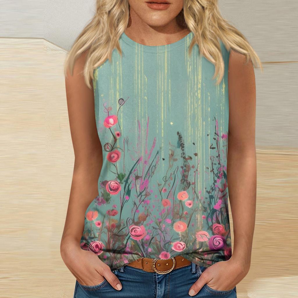 Women's Fashion Summer Round Neck Tank Top Lightweight Sleeveless Print Tank Top