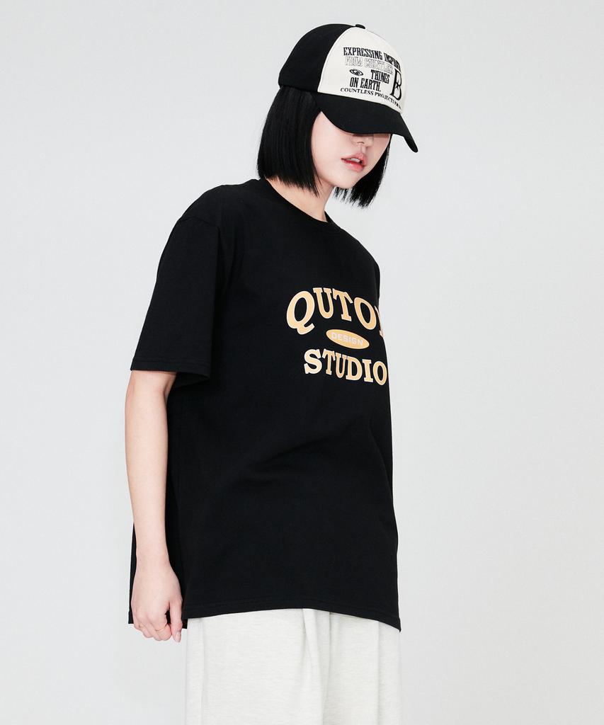 QUTON Classic Studio Yellow Oversized Heavy Short Sleeve T-Shirt_Black