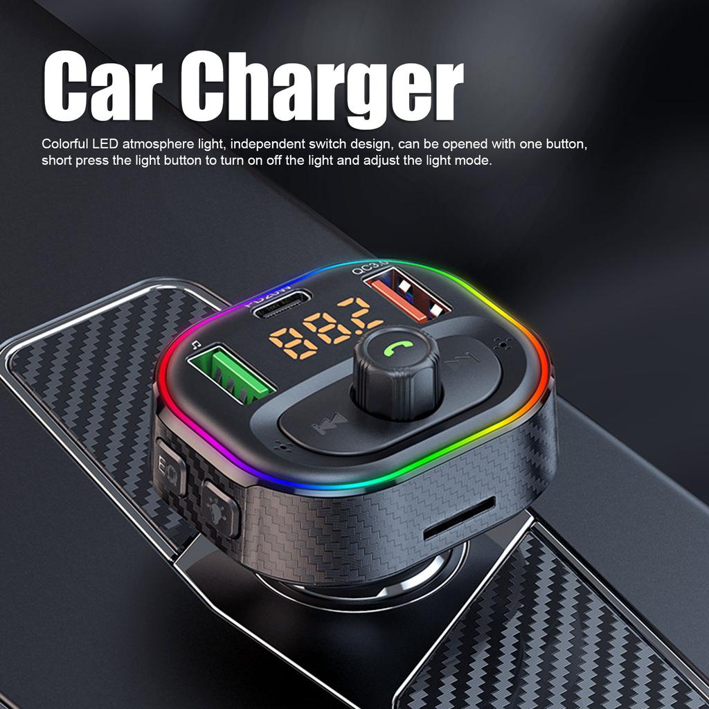 Carbon Multifunction Car Wireless 5.1 FM Transmitter Fast Charging Hands Calls with LED Light
