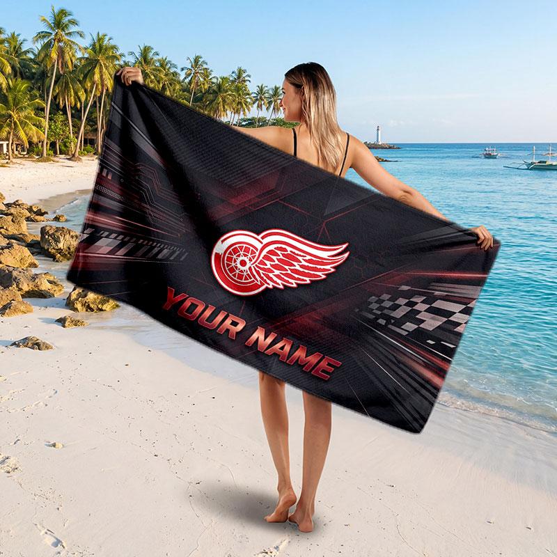 Detroit Red Wings Customized Name Text Beach Towel, Soft Absorbent Towel Beach Pool Travel Personal Gift