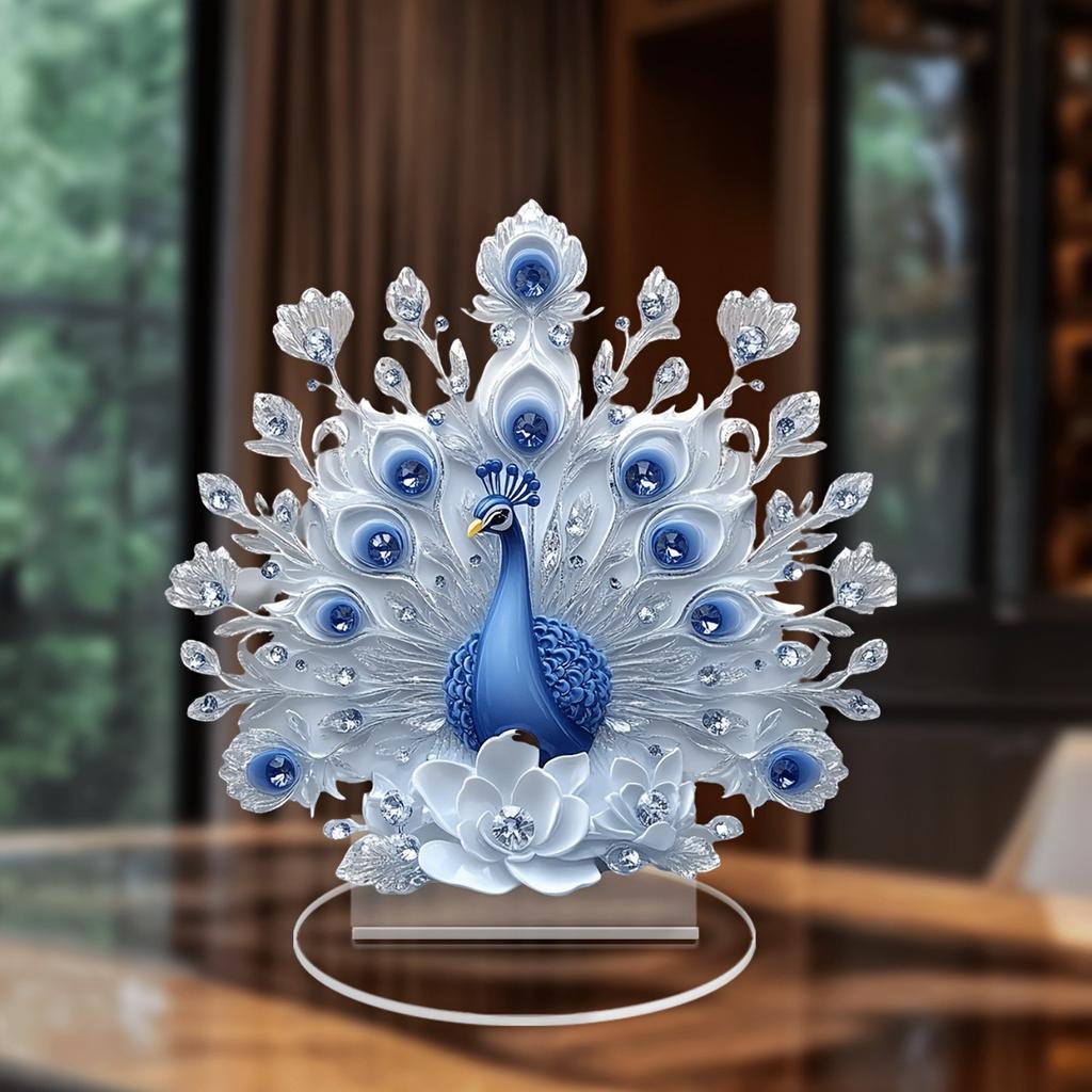 Animal Series White and Blue Peacock Open Screen Desktop Ornament Home Living Room Study Ornament