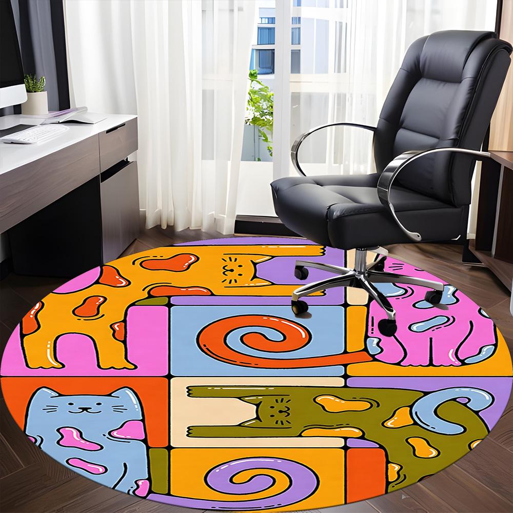 1pc Cat Patterns Office Round Area Rug, Mat Suitable For Office, Under Office Chairs Bedroom Living Room Home Decor, Room Deco