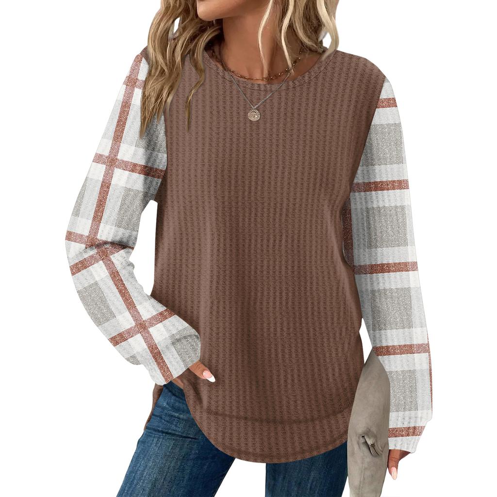 Женский повседневный топ свободного кроя с круглым вырезом и длинными рукавами в клетку