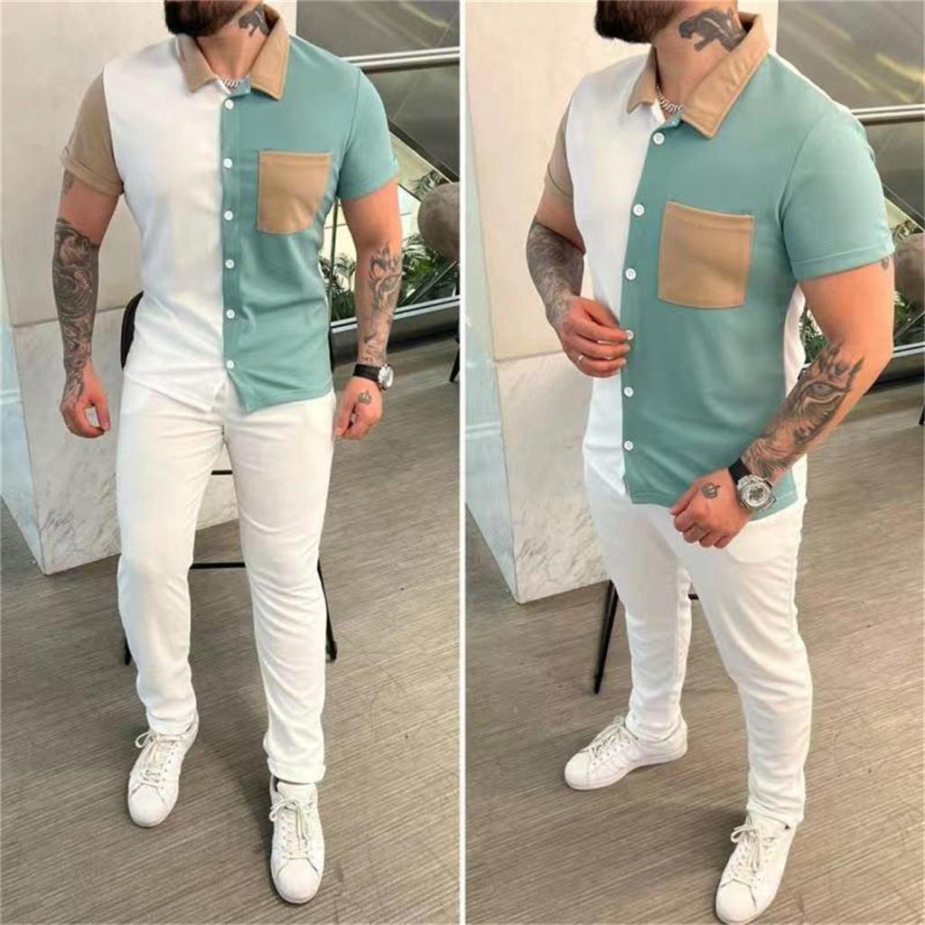 Autumn Men's Fashion Casual Color Matching Set Men's Shirt Short Sleeved Long Pants Trend Casual Sports Set