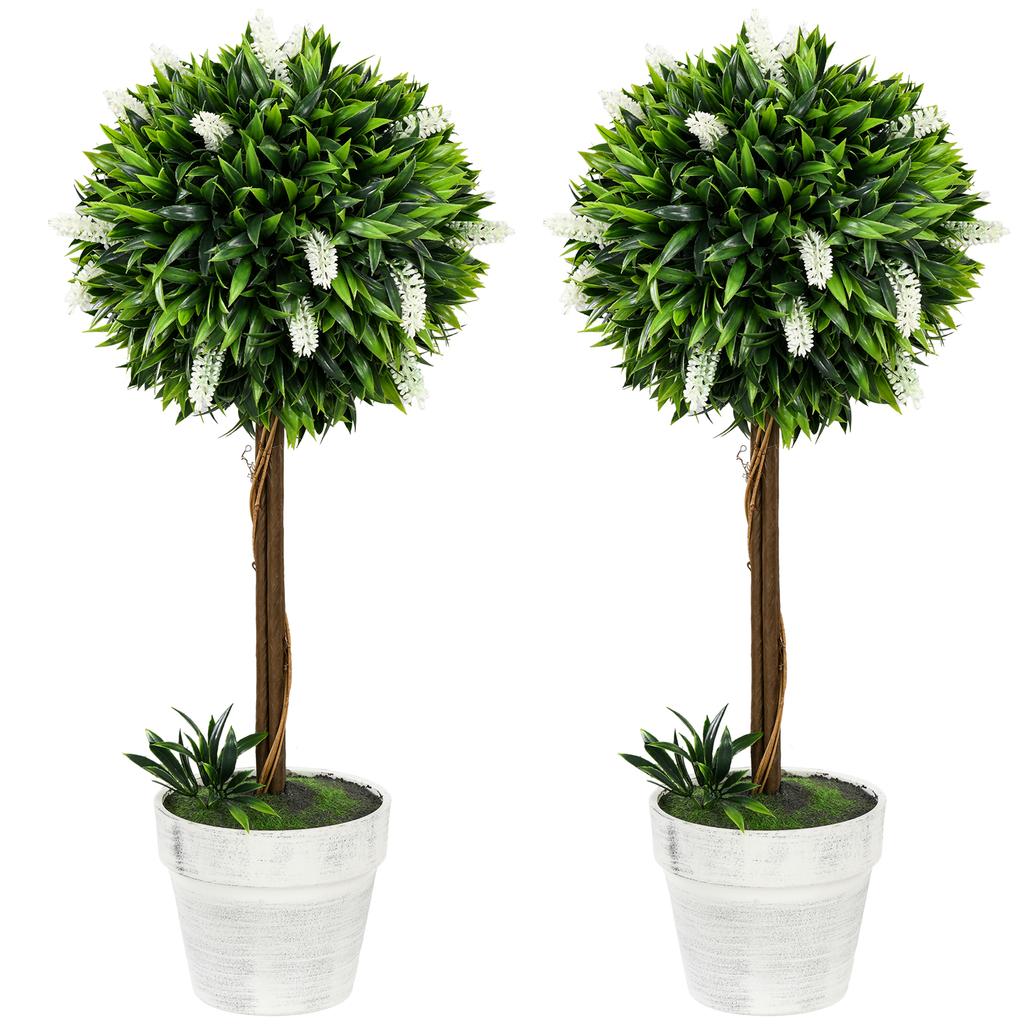 Set of 2 Decorative Artificial Plants Ball Trees with Flower for Home Indoor Outdoor Decor, 60cm ,White