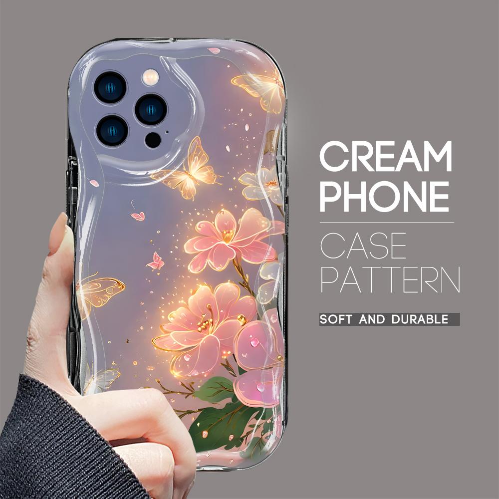 Для iPhone 16 15 14 13 12 Pro Max Samsung S24 Ultra S23 S22 Plus Redmi Note 13 Pro чехол с рисунком в виде цветов и бабочек и мягким волнистым краем