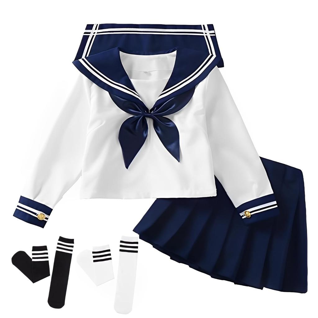 REENEW JK Long Sleeve Sailor Uniform Cosplay Halloween Boys and Easy Navy Perfect for School Cultural Entrance and Includes Pleated School Uniform Set