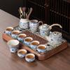 Chinese Retro Blue and White Ru Kiln Kung Fu Tea Set, Home Office Ceramic Teapot, Teacup, Tea Table, a Complete Set