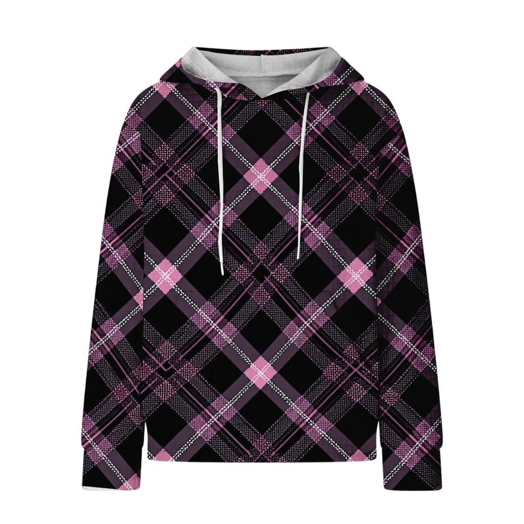 Женский модный свободный пуловер с капюшоном, длинными рукавами, клетчатый свитшот с кулиской, приспущенным плечом и принтом-топом с карманом