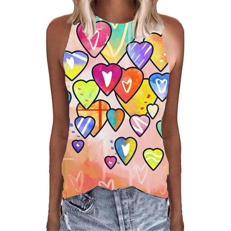 Graffiti Colorful Love Hearts 3D Print Tank Tops Summer Women O-Neck Vest Off Shoulder Y2k Sleeveless Camisole Woman Clothing