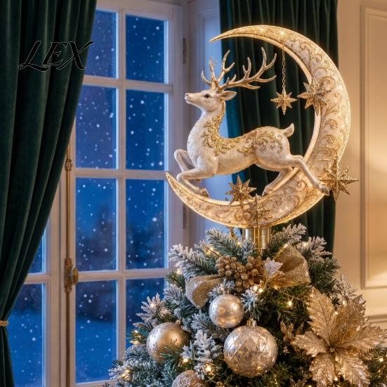 Spiral Tree Crown Ornament Lighted Memorial Christmas Topper, Angel Red Bird Reindeer Designs Treetop Party Ornaments with Warm Glow for Decor, Winter