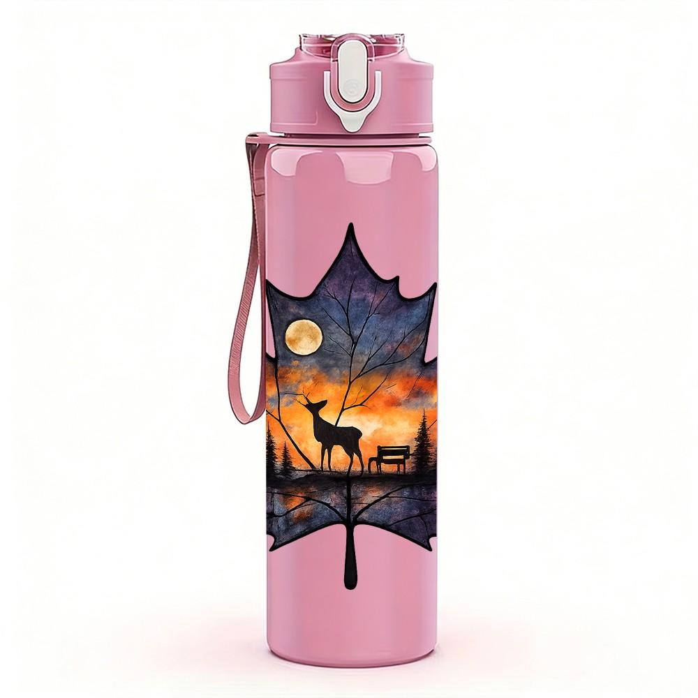 1PC Burning Autumn Maple Leaf 750ml Color Plastic Sports Water Bottle Leakproof Flip Straw Lid Suitable for Sports Office Home Use